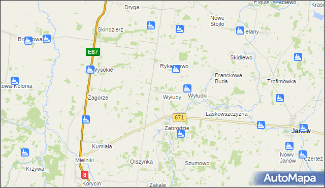 mapa Wyłudy gmina Korycin, Wyłudy gmina Korycin na mapie Targeo