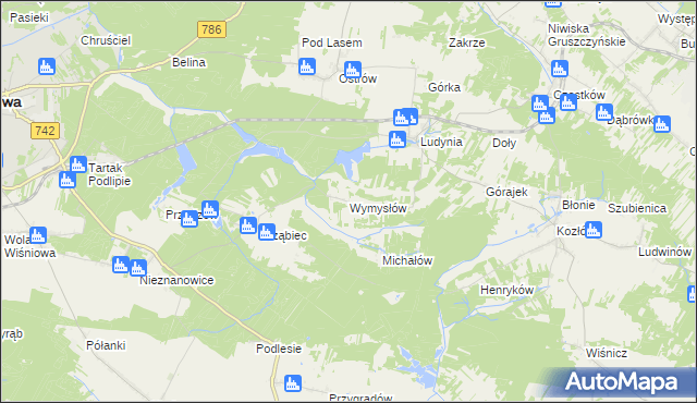 mapa Wymysłów gmina Włoszczowa, Wymysłów gmina Włoszczowa na mapie Targeo