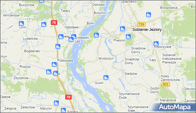 mapa Wysoczyn gmina Sobienie-Jeziory, Wysoczyn gmina Sobienie-Jeziory na mapie Targeo