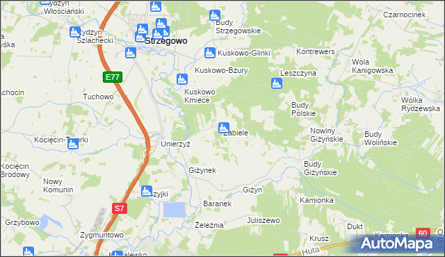 mapa Zabiele gmina Strzegowo, Zabiele gmina Strzegowo na mapie Targeo