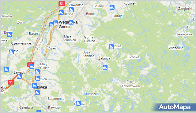 mapa Żabnica gmina Węgierska Górka, Żabnica gmina Węgierska Górka na mapie Targeo