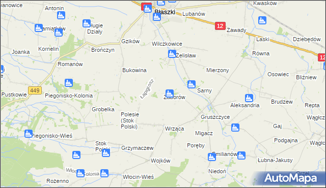 mapa Zaborów gmina Błaszki, Zaborów gmina Błaszki na mapie Targeo