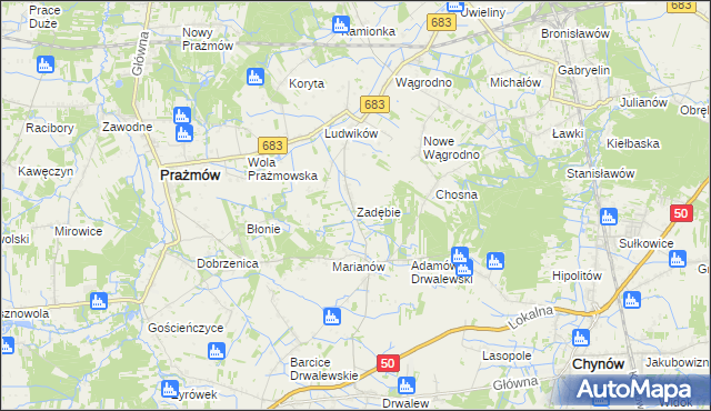 mapa Zadębie gmina Prażmów, Zadębie gmina Prażmów na mapie Targeo