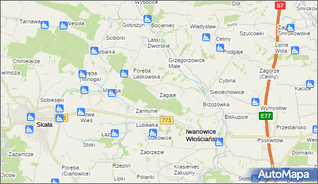 mapa Zagaje gmina Iwanowice, Zagaje gmina Iwanowice na mapie Targeo