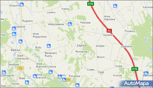 mapa Zagłoba gmina Stryków, Zagłoba gmina Stryków na mapie Targeo