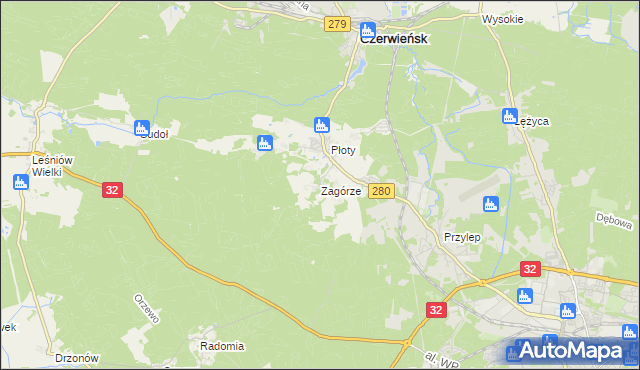 mapa Zagórze gmina Czerwieńsk, Zagórze gmina Czerwieńsk na mapie Targeo