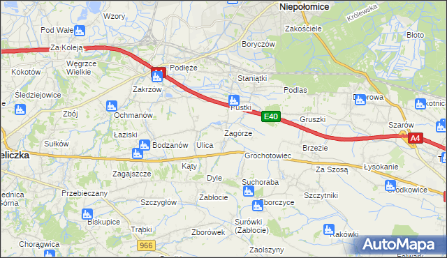 mapa Zagórze gmina Niepołomice, Zagórze gmina Niepołomice na mapie Targeo