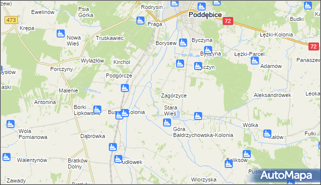 mapa Zagórzyce gmina Poddębice, Zagórzyce gmina Poddębice na mapie Targeo