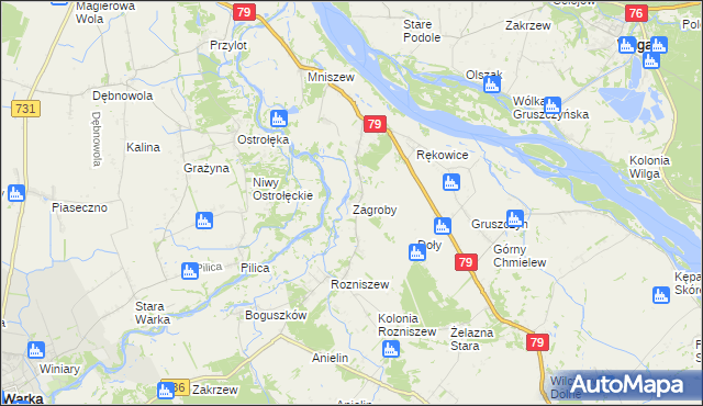 mapa Zagroby gmina Magnuszew, Zagroby gmina Magnuszew na mapie Targeo
