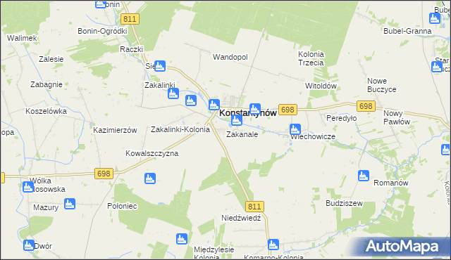 mapa Zakanale gmina Konstantynów, Zakanale gmina Konstantynów na mapie Targeo