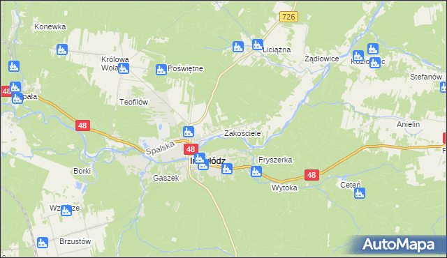 mapa Zakościele gmina Inowłódz, Zakościele gmina Inowłódz na mapie Targeo