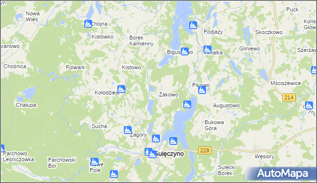mapa Żakowo gmina Sulęczyno, Żakowo gmina Sulęczyno na mapie Targeo