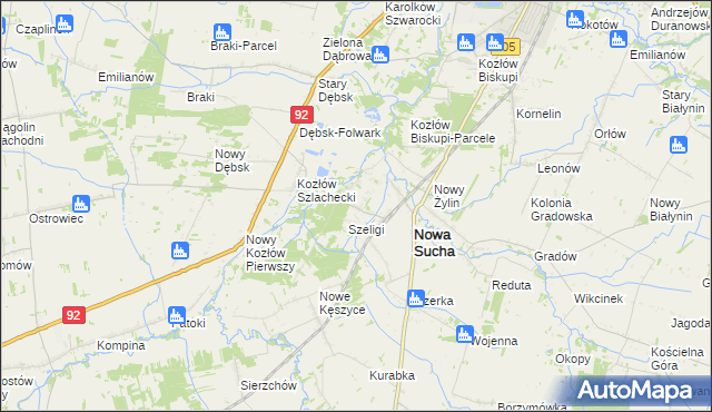 mapa Zakrzew gmina Nowa Sucha, Zakrzew gmina Nowa Sucha na mapie Targeo
