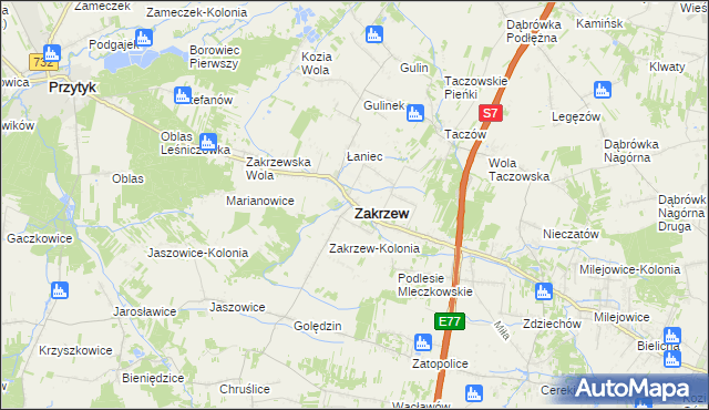 mapa Zakrzew powiat radomski, Zakrzew powiat radomski na mapie Targeo