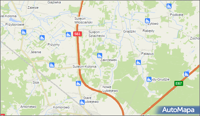 mapa Zakrzewek gmina Ostrów Mazowiecka, Zakrzewek gmina Ostrów Mazowiecka na mapie Targeo