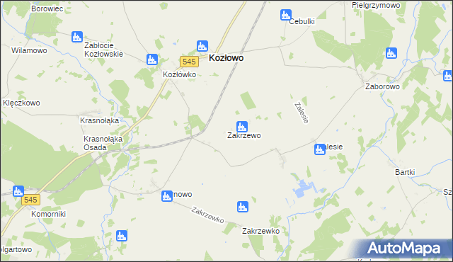 mapa Zakrzewo gmina Kozłowo, Zakrzewo gmina Kozłowo na mapie Targeo