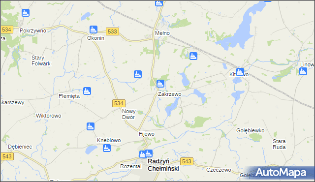 mapa Zakrzewo gmina Radzyń Chełmiński, Zakrzewo gmina Radzyń Chełmiński na mapie Targeo