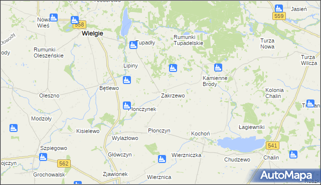 mapa Zakrzewo gmina Wielgie, Zakrzewo gmina Wielgie na mapie Targeo