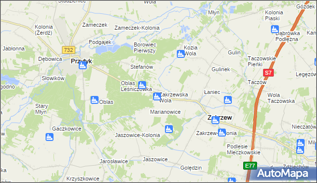 mapa Zakrzewska Wola gmina Zakrzew, Zakrzewska Wola gmina Zakrzew na mapie Targeo