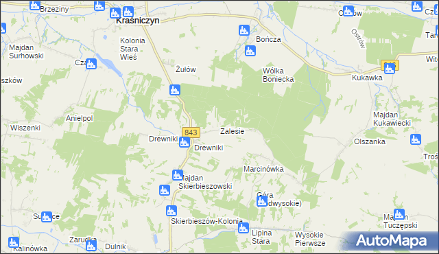 mapa Zalesie gmina Kraśniczyn, Zalesie gmina Kraśniczyn na mapie Targeo