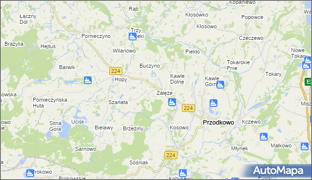 mapa Załęże gmina Przodkowo, Załęże gmina Przodkowo na mapie Targeo