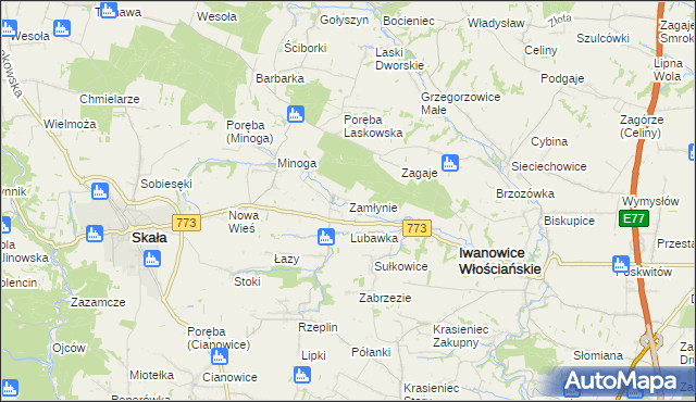 mapa Zamłynie gmina Skała, Zamłynie gmina Skała na mapie Targeo