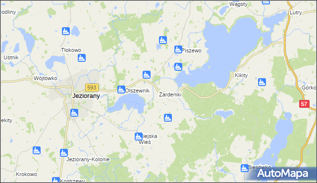 mapa Żardeniki gmina Jeziorany, Żardeniki gmina Jeziorany na mapie Targeo