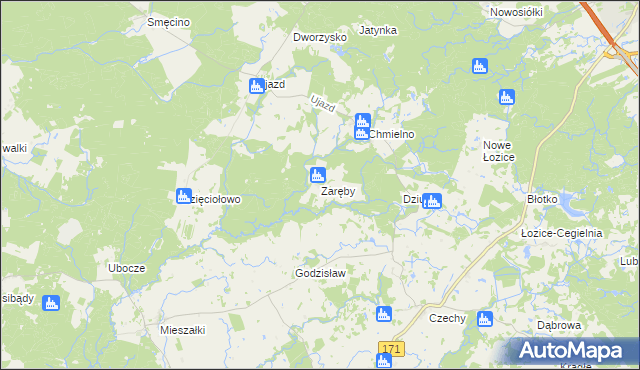 mapa Zaręby gmina Bobolice, Zaręby gmina Bobolice na mapie Targeo