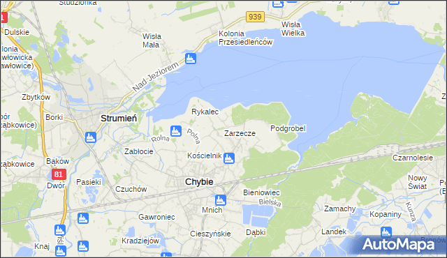 mapa Zarzecze gmina Chybie, Zarzecze gmina Chybie na mapie Targeo