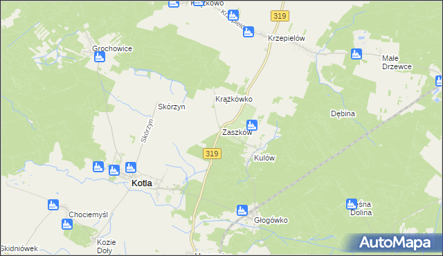 mapa Zaszków gmina Kotla, Zaszków gmina Kotla na mapie Targeo