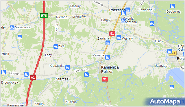 mapa Zawada gmina Kamienica Polska, Zawada gmina Kamienica Polska na mapie Targeo