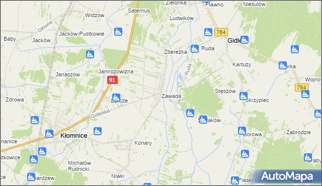 mapa Zawada gmina Kłomnice, Zawada gmina Kłomnice na mapie Targeo