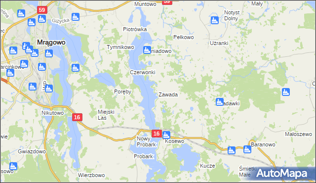 mapa Zawada gmina Mrągowo, Zawada gmina Mrągowo na mapie Targeo