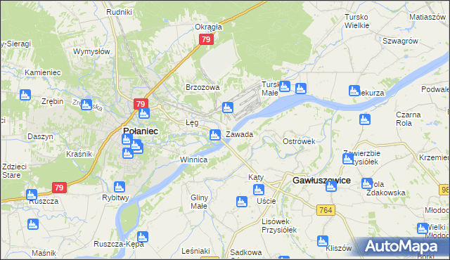 mapa Zawada gmina Połaniec, Zawada gmina Połaniec na mapie Targeo