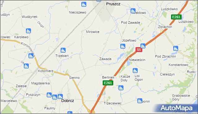 mapa Zawada gmina Pruszcz, Zawada gmina Pruszcz na mapie Targeo