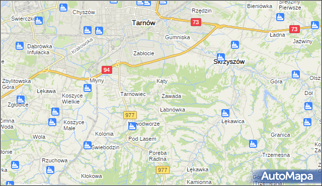 mapa Zawada gmina Tarnów, Zawada gmina Tarnów na mapie Targeo