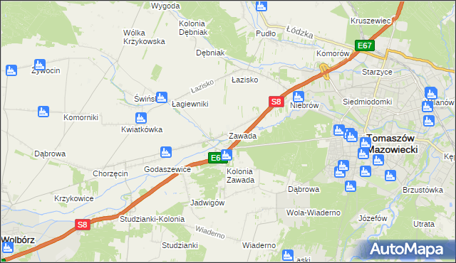 mapa Zawada gmina Tomaszów Mazowiecki, Zawada gmina Tomaszów Mazowiecki na mapie Targeo