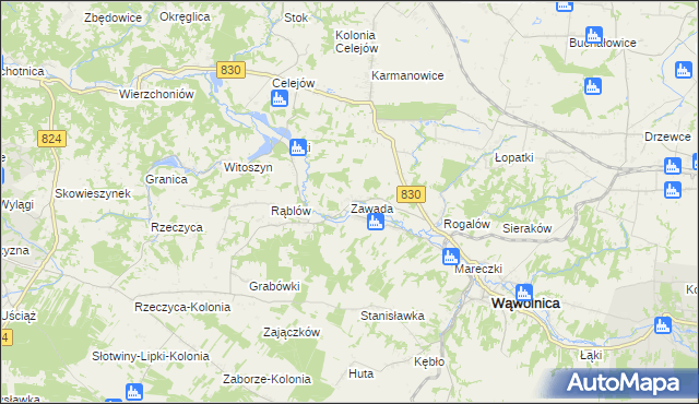 mapa Zawada gmina Wąwolnica, Zawada gmina Wąwolnica na mapie Targeo