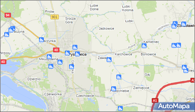 mapa Zawada gmina Zbrosławice, Zawada gmina Zbrosławice na mapie Targeo