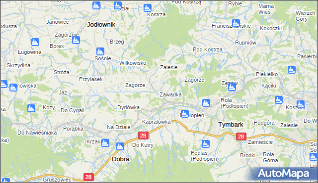 mapa Zawadka gmina Tymbark, Zawadka gmina Tymbark na mapie Targeo