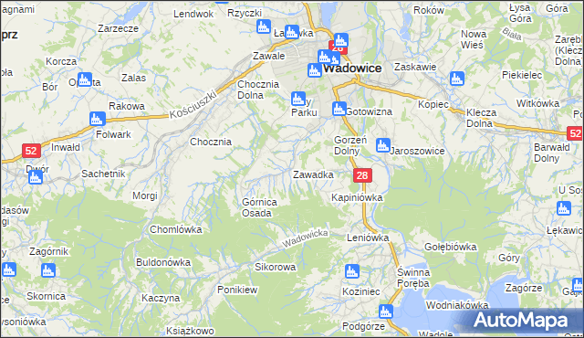 mapa Zawadka gmina Wadowice, Zawadka gmina Wadowice na mapie Targeo