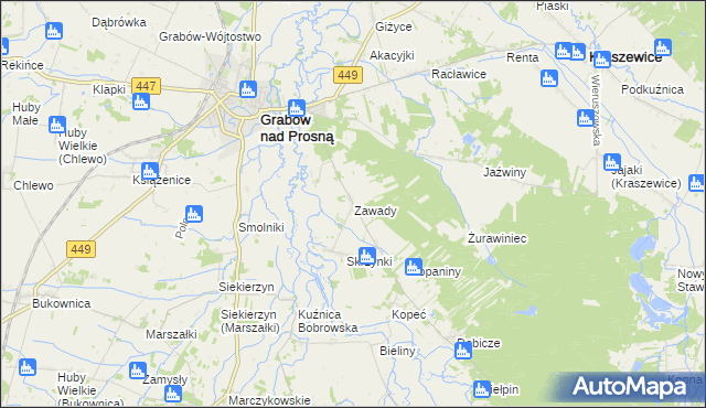 mapa Zawady gmina Grabów nad Prosną, Zawady gmina Grabów nad Prosną na mapie Targeo