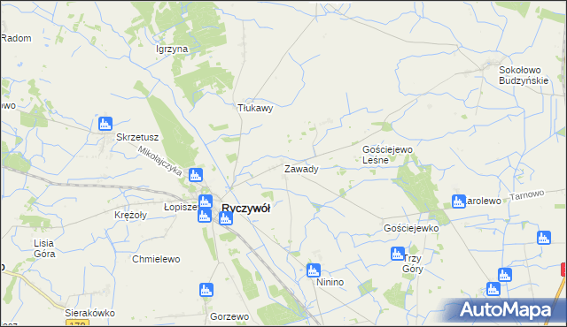 mapa Zawady gmina Ryczywół, Zawady gmina Ryczywół na mapie Targeo