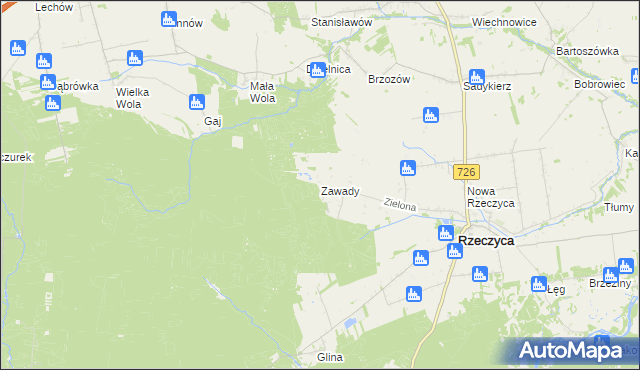 mapa Zawady gmina Rzeczyca, Zawady gmina Rzeczyca na mapie Targeo