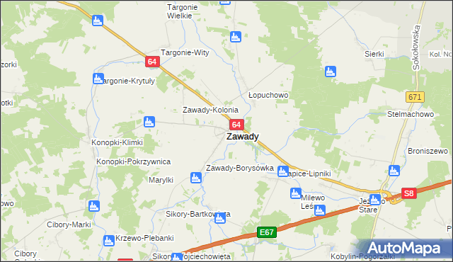 mapa Zawady powiat białostocki, Zawady powiat białostocki na mapie Targeo