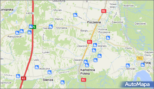 mapa Zawisna gmina Kamienica Polska, Zawisna gmina Kamienica Polska na mapie Targeo