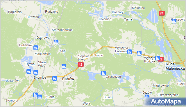 mapa Zbójno gmina Fałków, Zbójno gmina Fałków na mapie Targeo