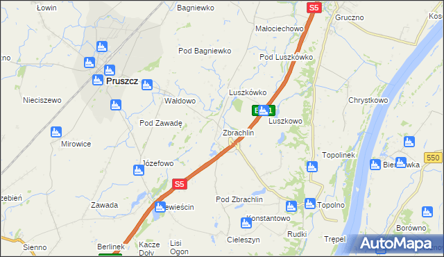 mapa Zbrachlin gmina Pruszcz, Zbrachlin gmina Pruszcz na mapie Targeo