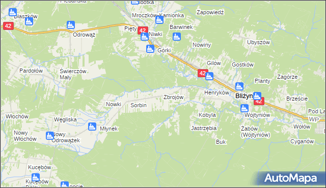 mapa Zbrojów gmina Bliżyn, Zbrojów gmina Bliżyn na mapie Targeo