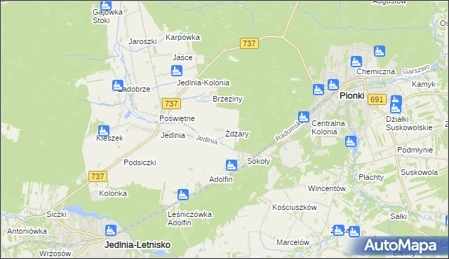 mapa Żdżary gmina Pionki, Żdżary gmina Pionki na mapie Targeo